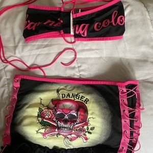 Halter Top & Skull Print Lace up ruffle Hem Bodycon